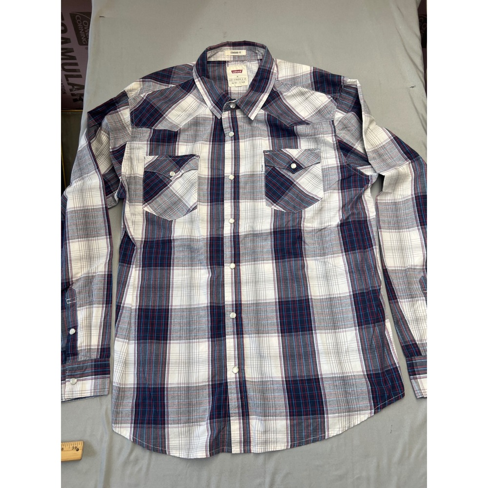 Levis Mens Plaid Western Snap Front Shirt XL Blue Red White Long Sleeve